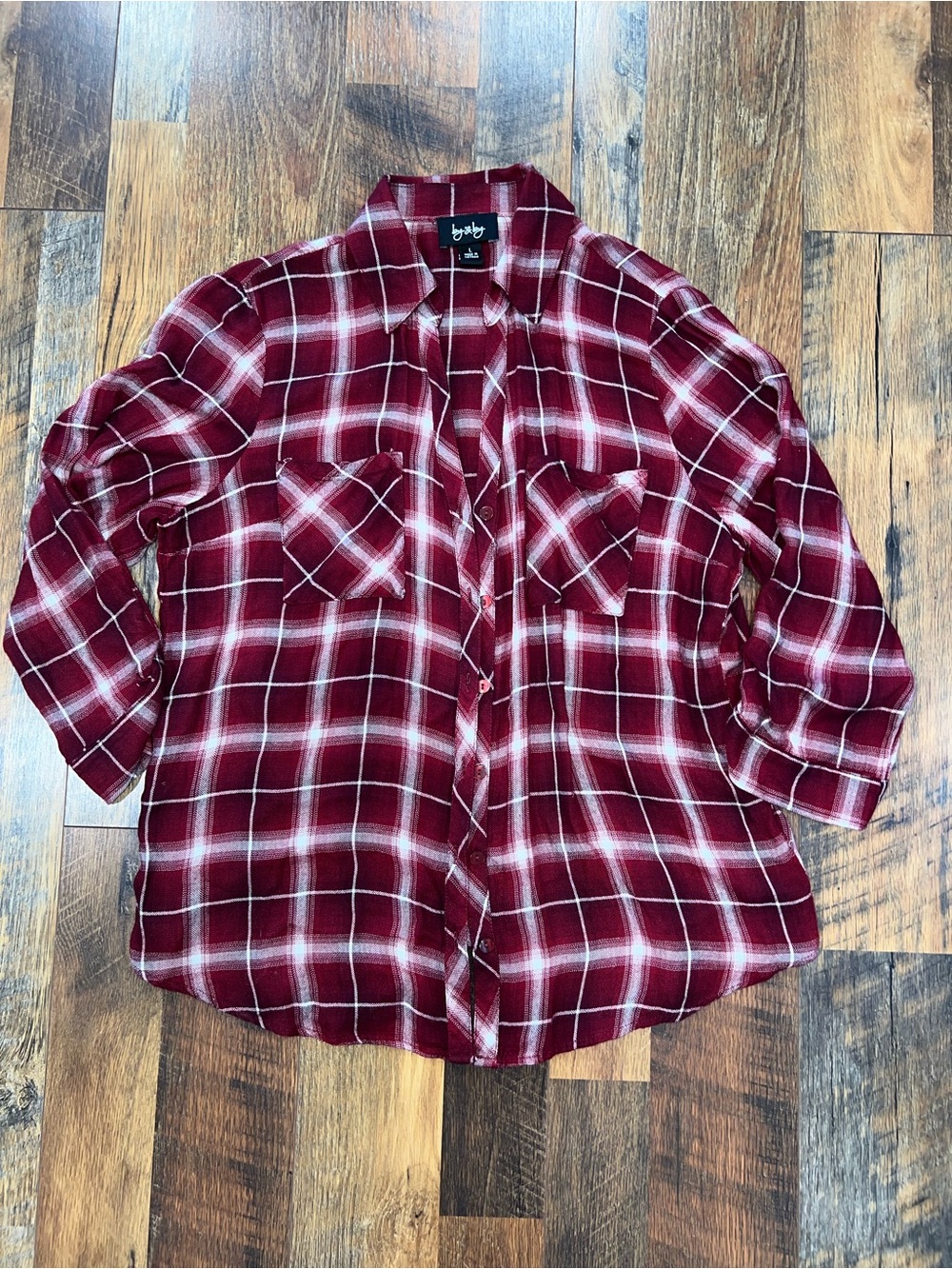 by & by Burgundy and White Plaid Button-Down Shirt